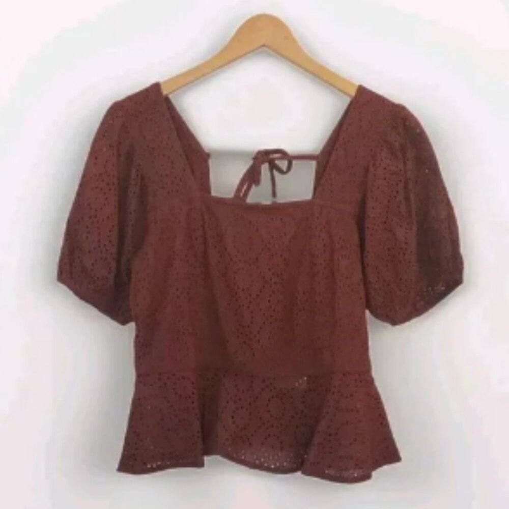 BOG Band Of The Free Eyelet Crop Top Women Medium Walnut Brown Boho Puff Sleeves